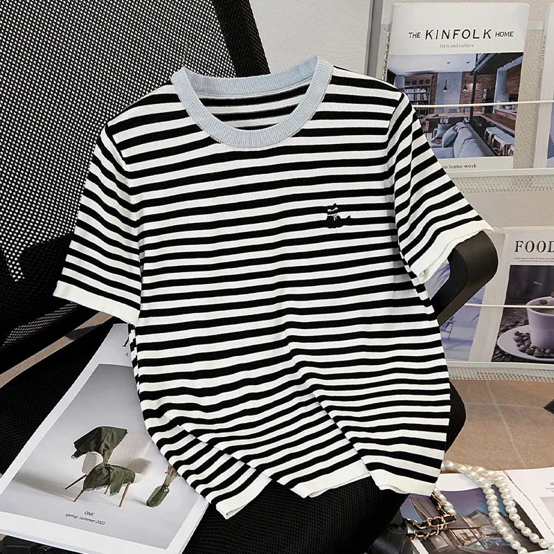 TOUCH T Shirts Women's Blue Collar Black White Stripes-2