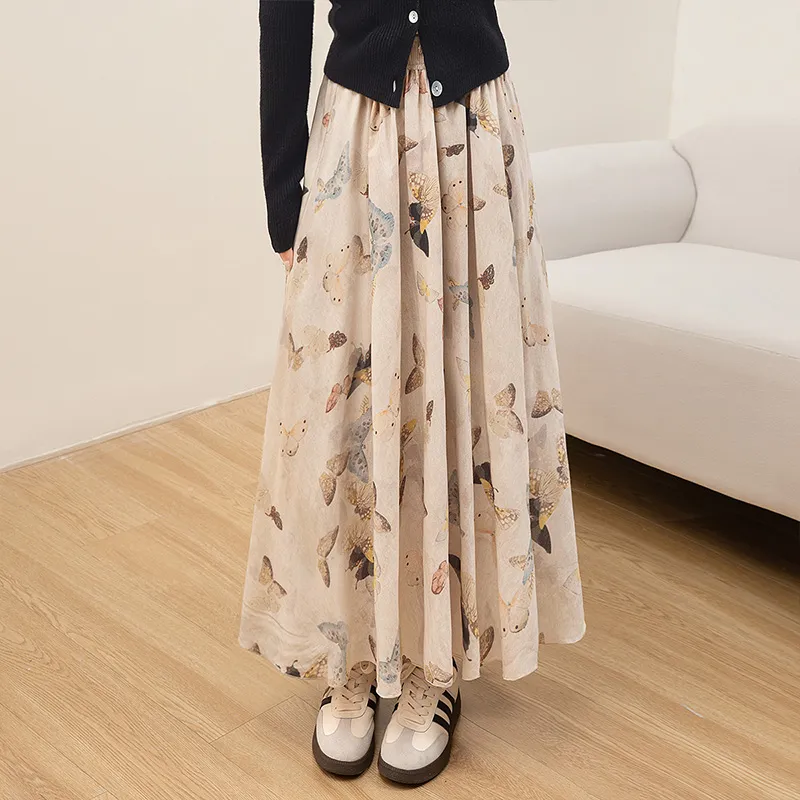 Cypress House Casual Long Skirt Women's Beige Butterfly-5