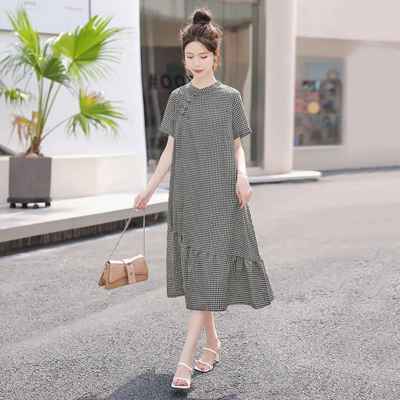 Cypress House Short Sleeved Dresses Women's Black White Plaid-6