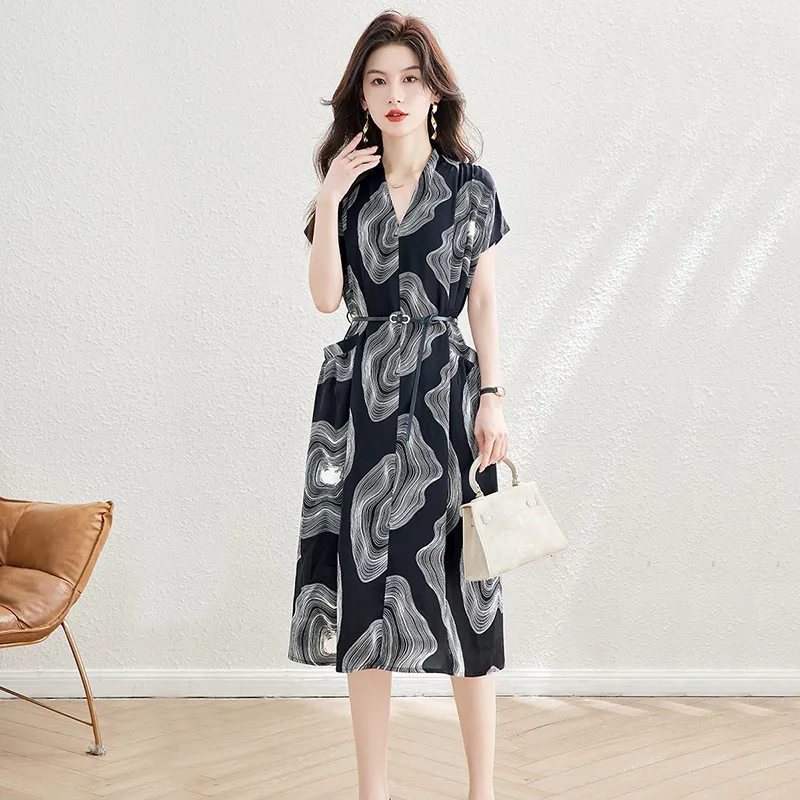 Cypress House Short-Sleeved Dresses Women's Black Base With White Pattern-3