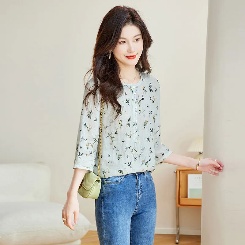 Cypress House Shirt Women's Gray Green Floral Bottom-7
