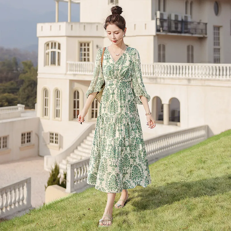Cypress House Long Sleeved Dress Women's Beige With Green Print-4