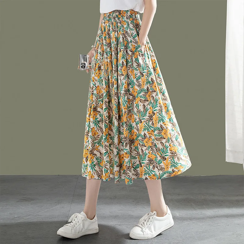 Cypress House Casual Long Skirt Women's Beige With Yellow Floral-2