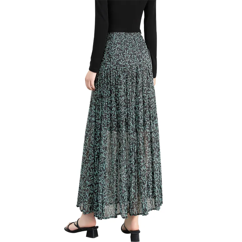 TOUCH Casual Long Skirt Women's Black Sole Green Leaf-1