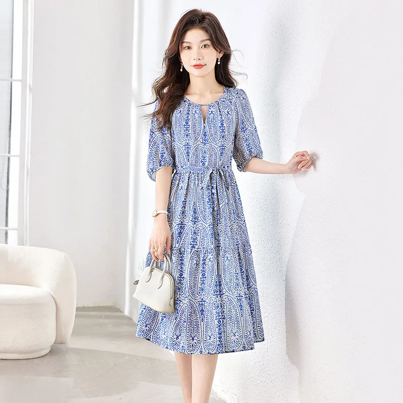 Cypress House Short Sleeved Dress Women's White With Blue Floral-5