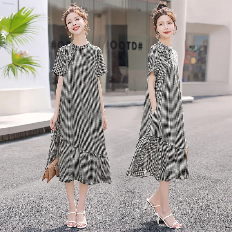 Cypress House Short Sleeved Dresses Women's Black White Plaid-2