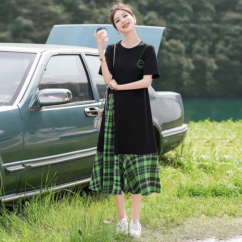 Cypress House Short Sleeved Dress Women's Top Black Bottom Gray Green Plaid-2