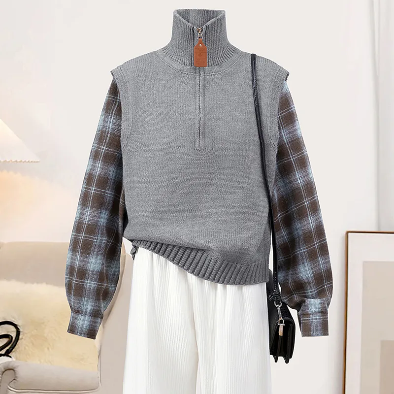 TOUCH Knitwear Women's Gray & Blue Coffee Plaid-2