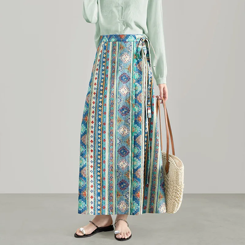 TOUCH Casual Long Skirt Women's Blue Green Multicolor-6