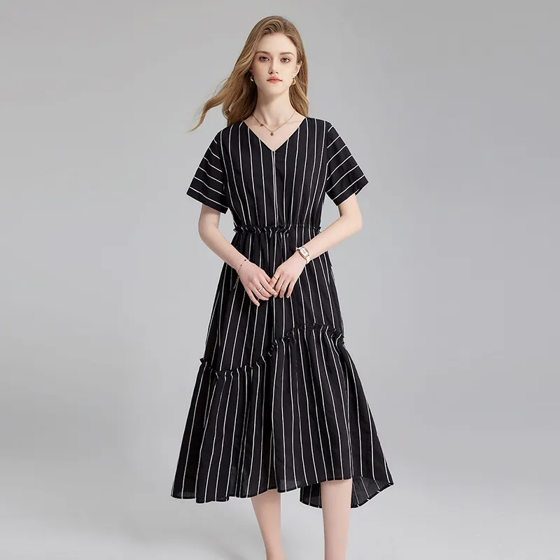 TOUCH Short Sleeved Dresses Women's Black Base With White Stripes-4