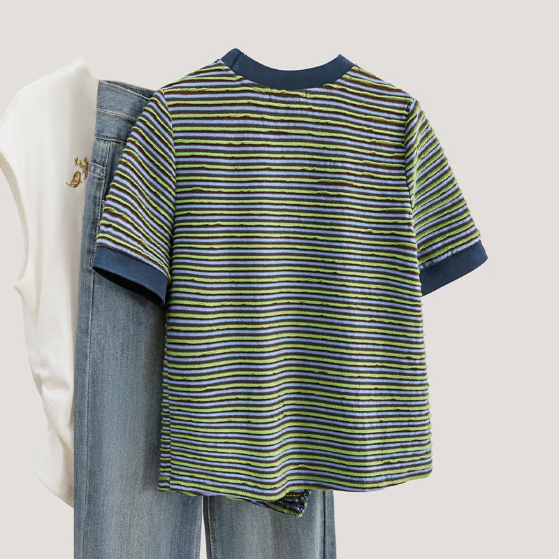 TOUCH T Shirt Women's Blue Green Stripes-3