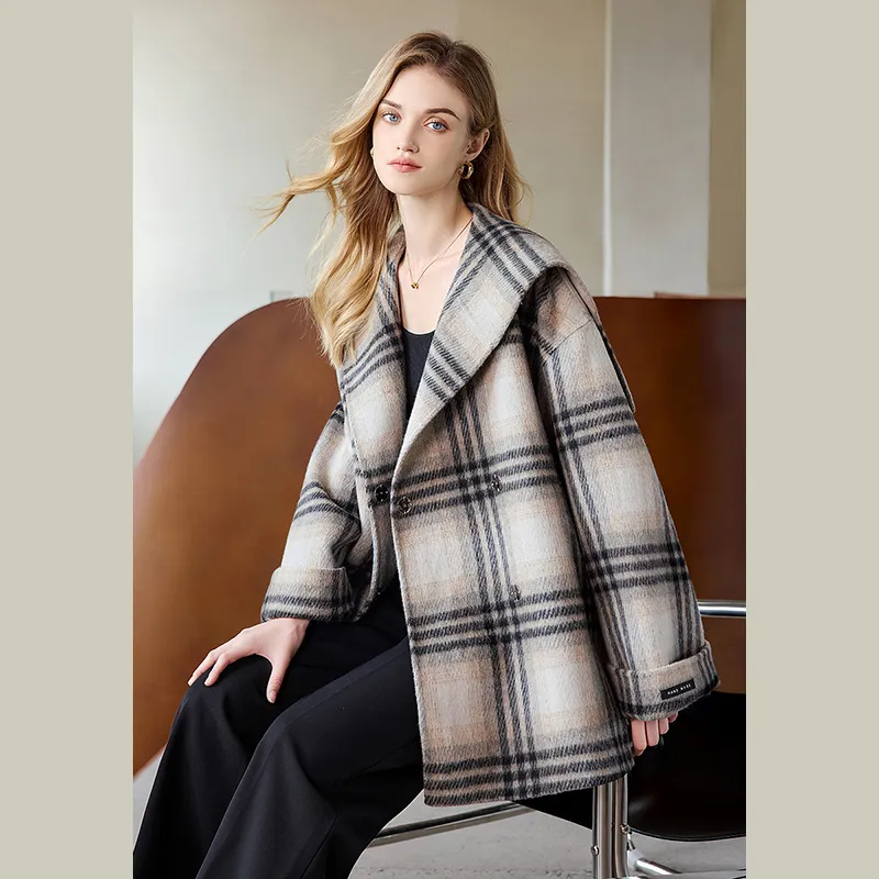 TOUCH Cropped Coats Women's Black Beige Plaid-5