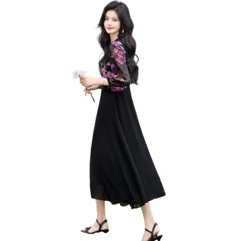 Cypress House Long Sleeved Dress Women's Black Pink Floral