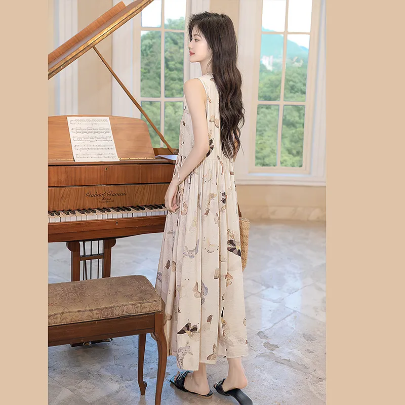 Cypress House Sleeveless Dress Women's Beige With Floral Butterfly-3