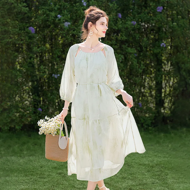 TOUCH Long Sleeved Dress Women's Beige Green-1