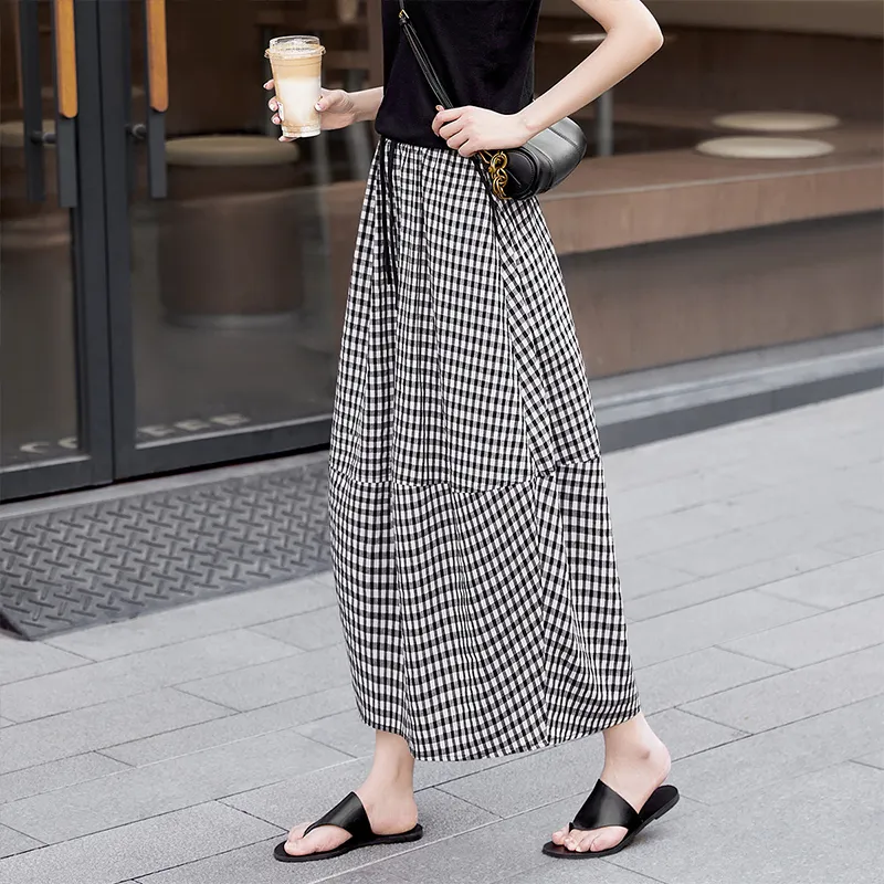 TOUCH Casual Long Skirt Women's Black White Plaid-2