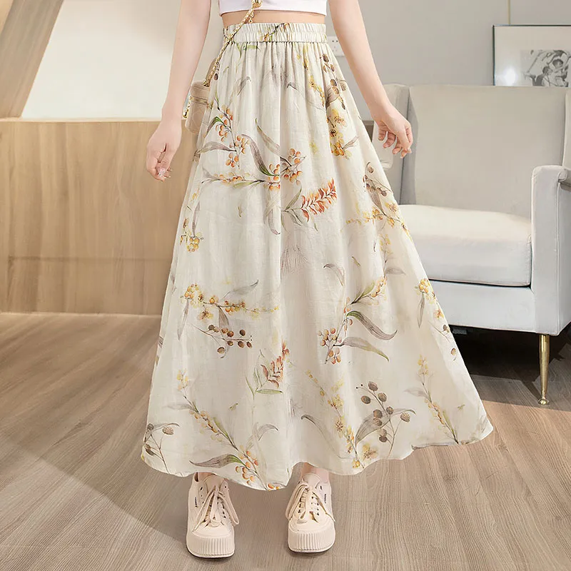 Cypress House Casual Long Skirt Women's Beige With Red Print-5