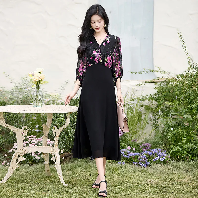 Cypress House Long Sleeved Dress Women's Black Pink Floral-4