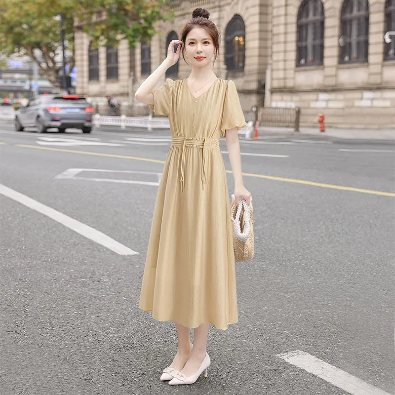 Cypress House Short Sleeved Dress Women's Khaki Yellow-4