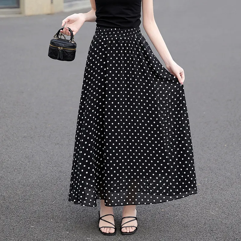 TOUCH Casual Long Skirts Women's Black Background With Polka Dots-5