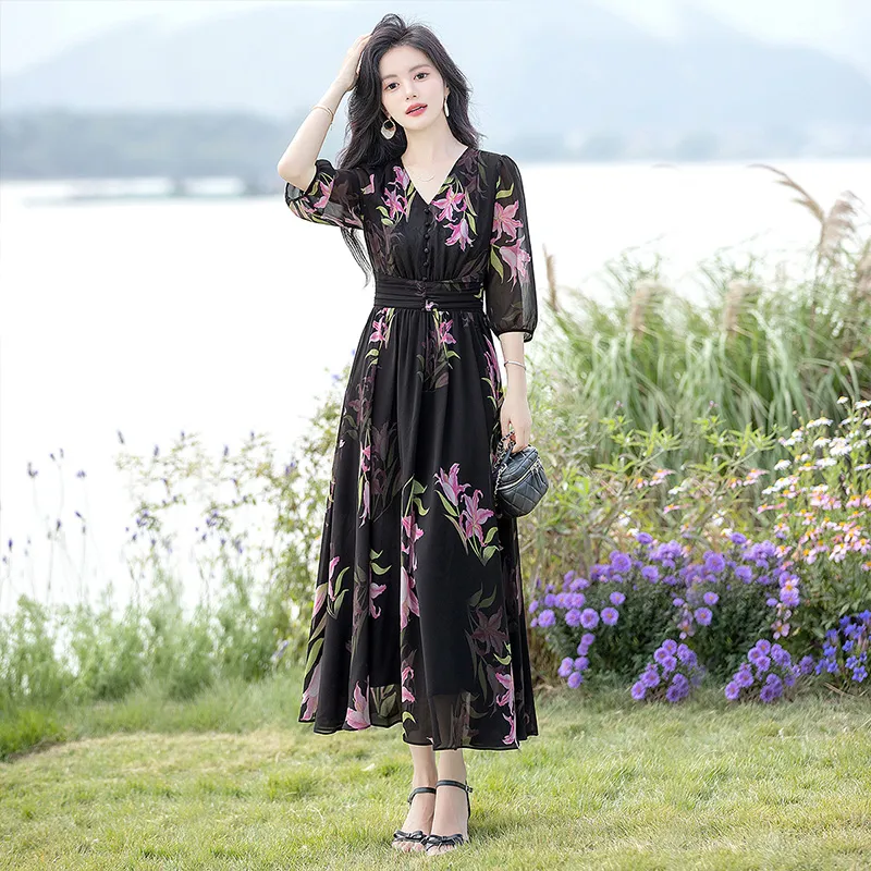 Cypress House Long Sleeved Dress Women's Black Pink Floral-3