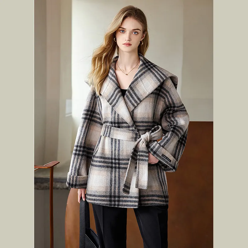 TOUCH Cropped Coats Women's Black Beige Plaid-4