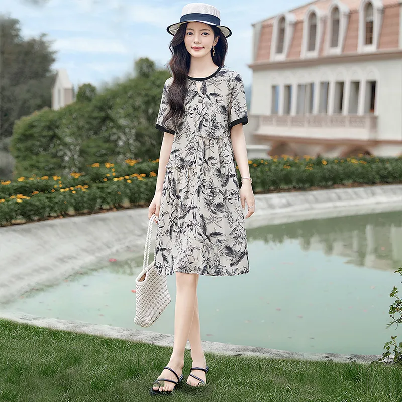 Cypress House Short Sleeved Dress Women's Beige With Black Floral-4