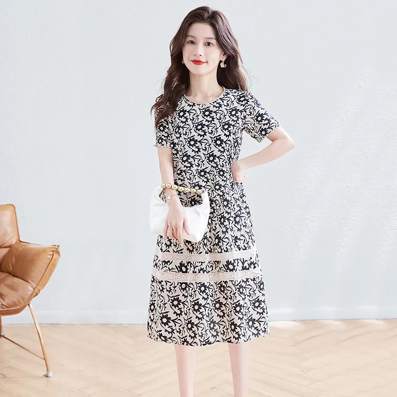 Cypress House Short-Sleeved Dresses Women's Apricot Base With Black Flowers-6