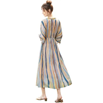 TOUCH Short Sleeved Dress Women's Blue Orange Color Stripes