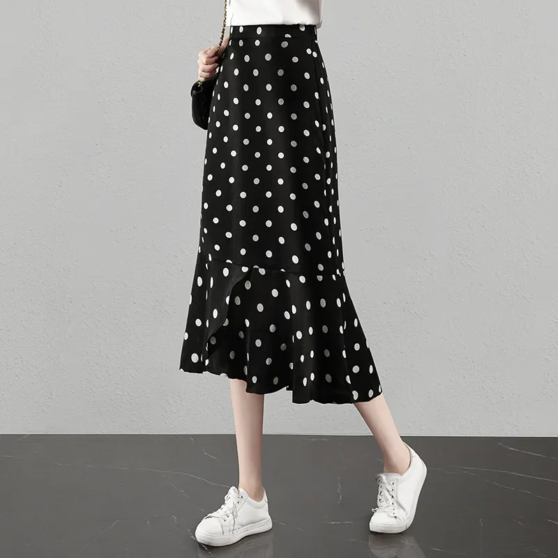 Cypress House Casual Long Skirt Women's Black With White Polka Dot-4