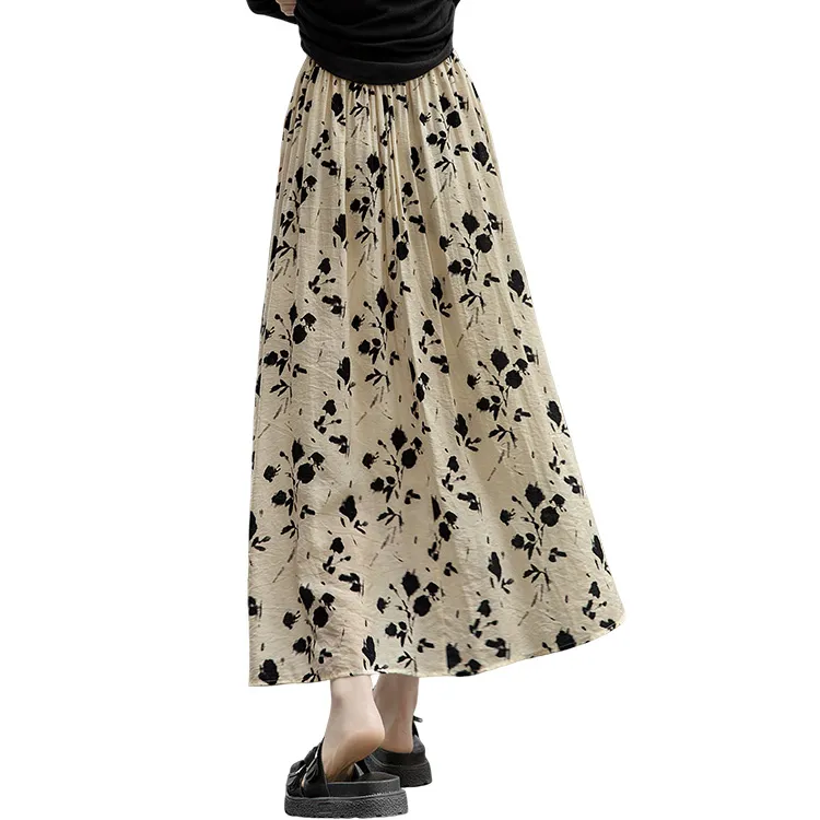 Cypress House Casual Long Skirts Women's Apricot With Black Flowers-1