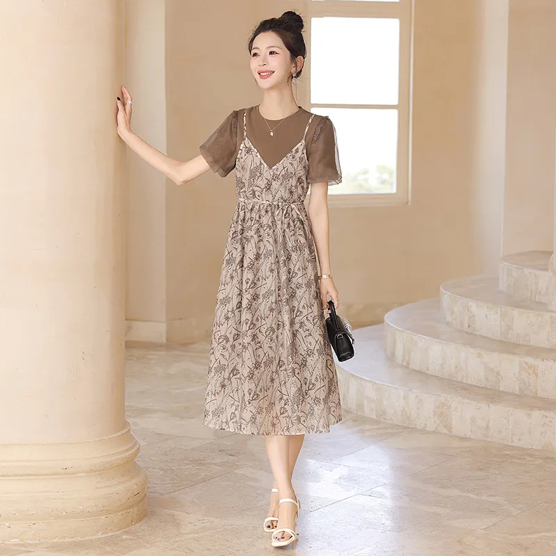 Cypress House Short Sleeved Dress Women's Dark Coffee With Beige And Floral-4