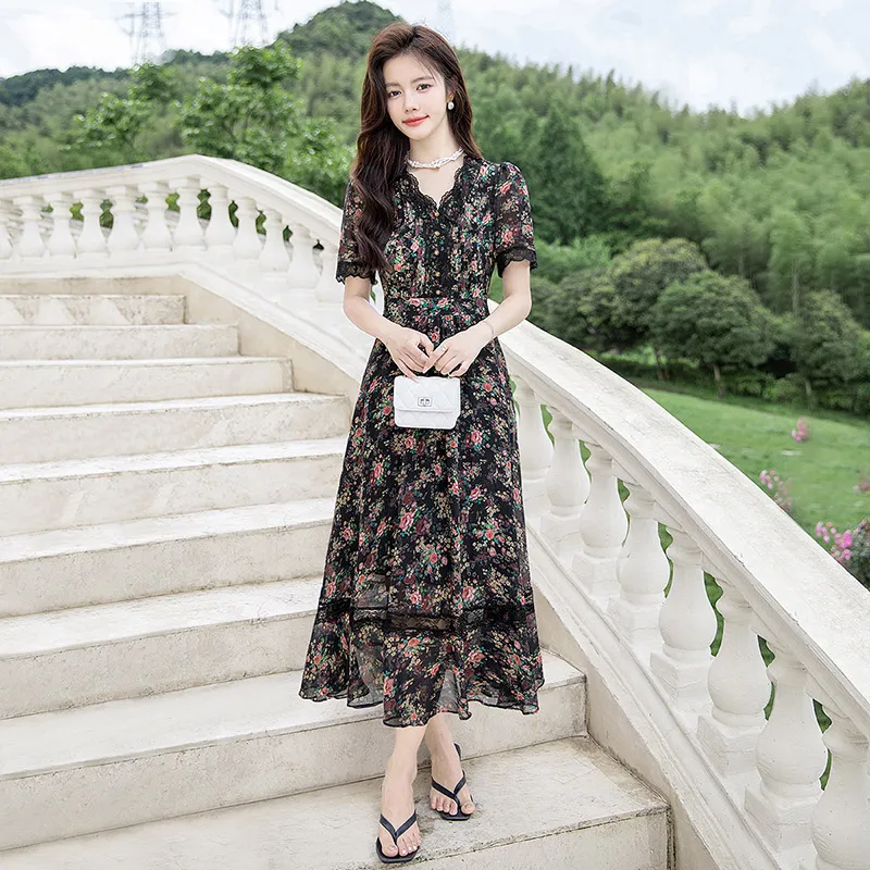 Cypress House Short-Sleeved Dresses Women's Black Background With Pink Flowers-4