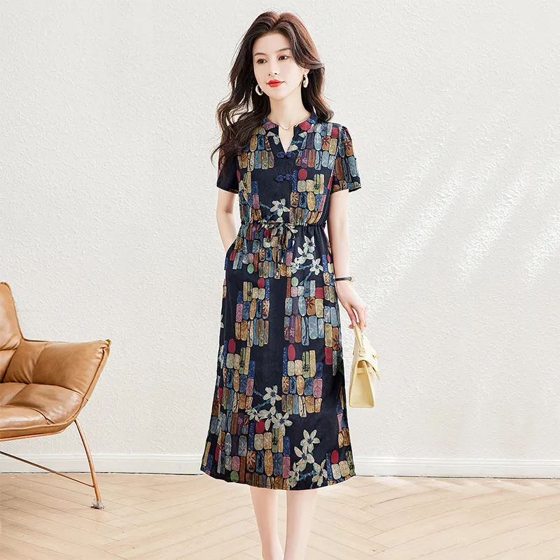 Cypress House Short-Sleeved Dresses Women's Black/Purple Base With Colorful Plaid Pattern-2