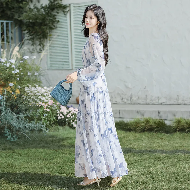 Cypress House Long Sleeved Dress Women's Blue Butterfly-1