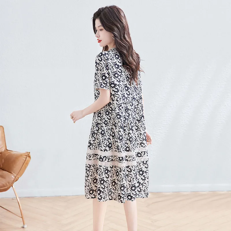 Cypress House Short-Sleeved Dresses Women's Apricot Base With Black Flowers-2