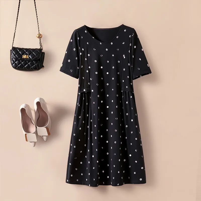 Cypress House Short-Sleeved Dresses Women's Black Base With White Dots-2