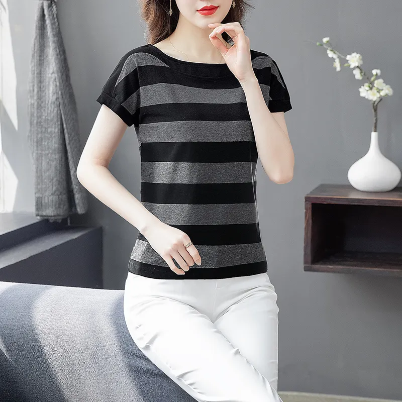 Cypress House T Shirt Women's Black Gray Stripes-5