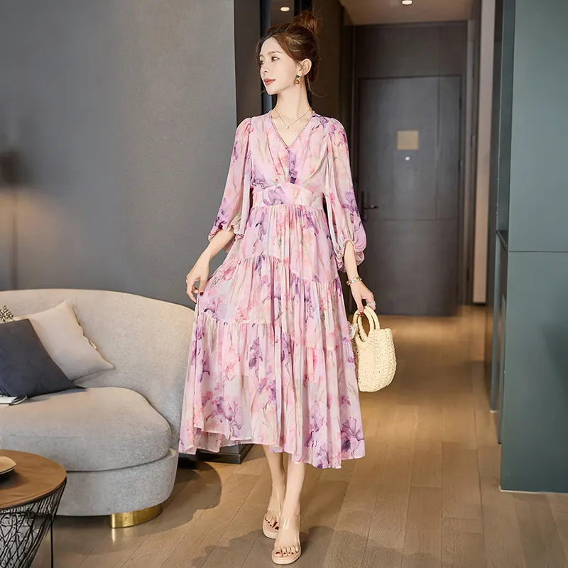 Cypress House Long Sleeved Dress Women's Pink Purple Flower-3