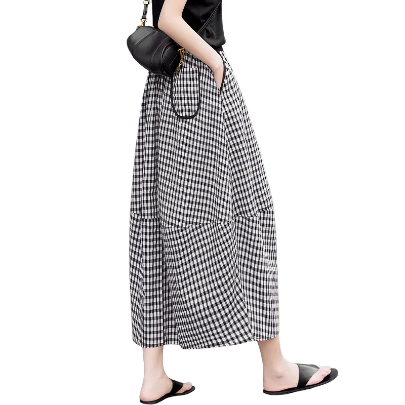 TOUCH Casual Long Skirt Women's Black White Plaid-1
