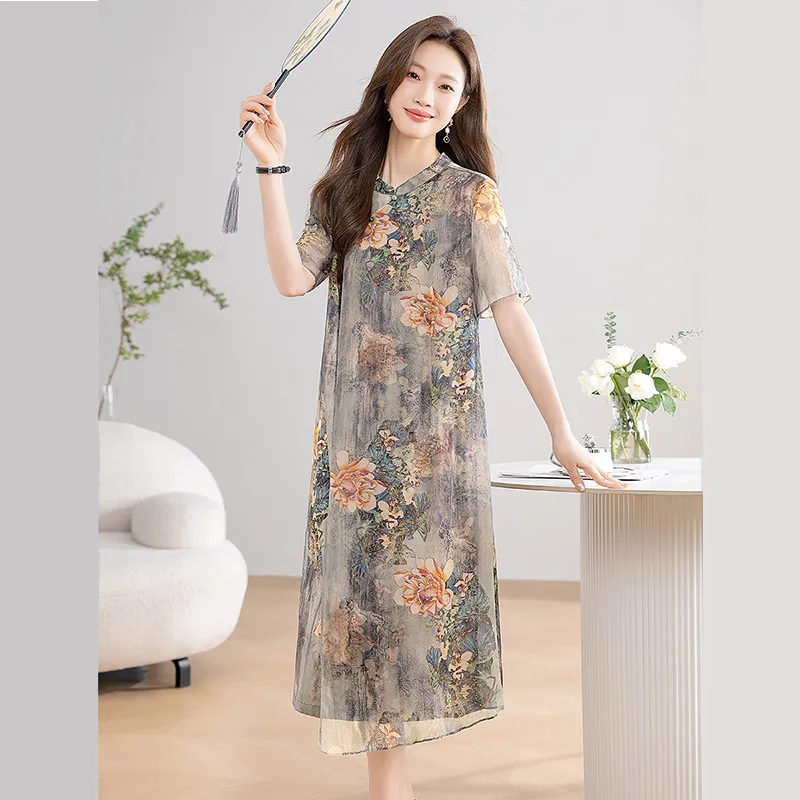 Cypress House Short-Sleeved Dresses Women's Gray Background With Orange Flowers-6