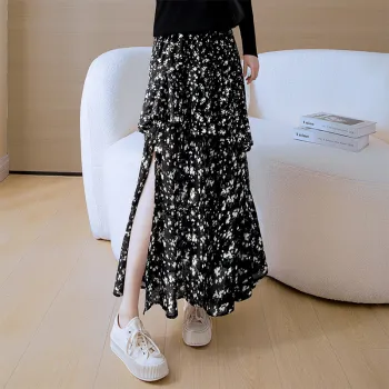 Cypress House Casual Long Skirt Women's Black With Pink Floral