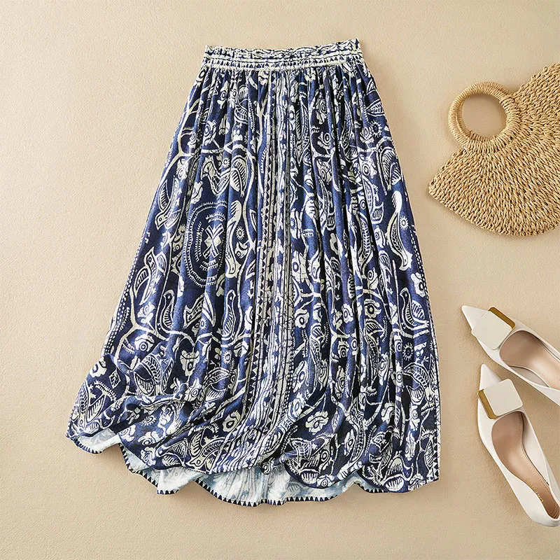 Cypress House Casual Long Skirts Women's Navy Blue Pattern-2