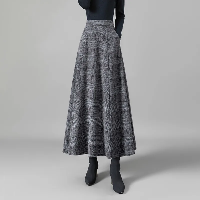 TOUCH Casual Long Skirts Women's Black Gray Plaid-6