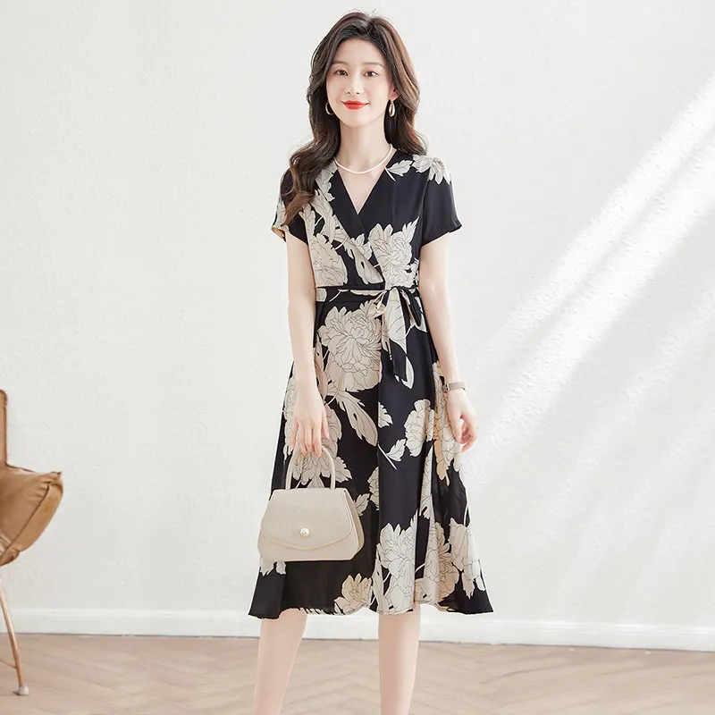 Cypress House Short Sleeved Dresses Women's Black With Beige Floral-5