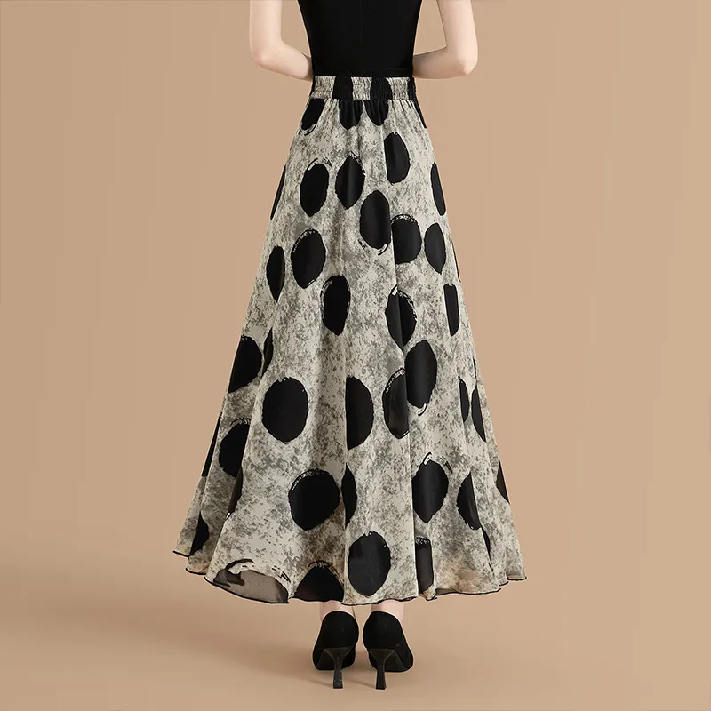 TOUCH Casual Long Skirt Women's Gray Green Black Polka Dot-3