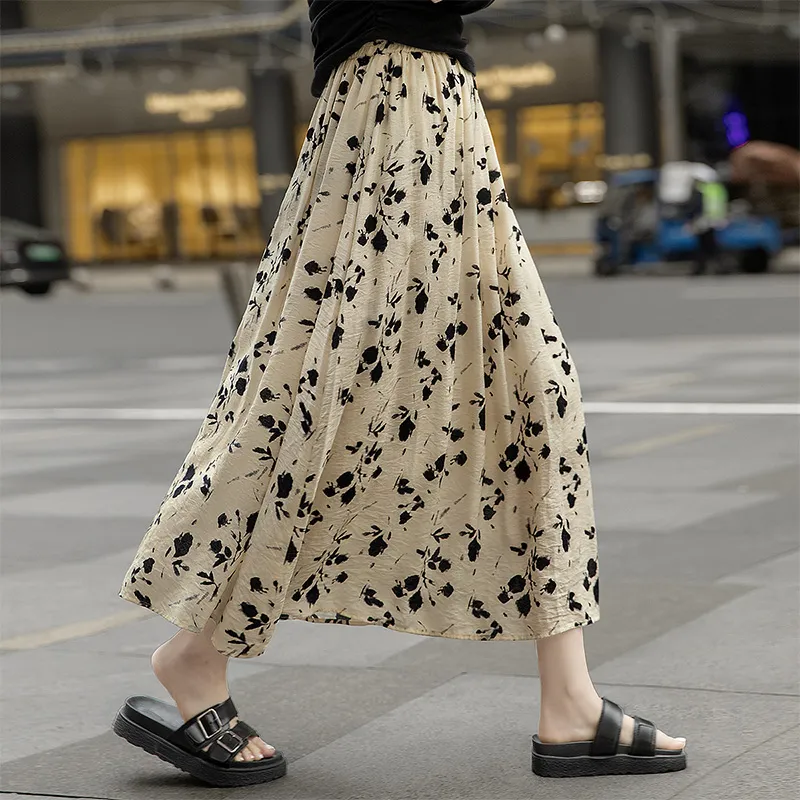 Cypress House Casual Long Skirts Women's Apricot With Black Flowers-2