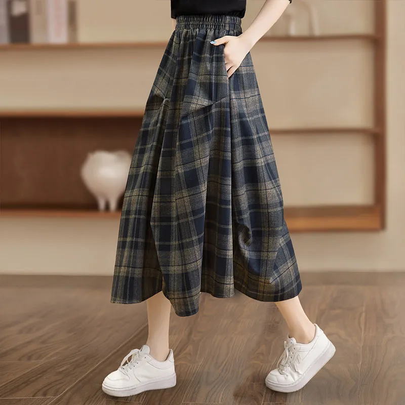 Cypress House Casual Long Skirt Women's Navy Blue Plaid-6