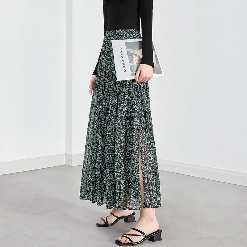 TOUCH Casual Long Skirt Women's Black Sole Green Leaf-4