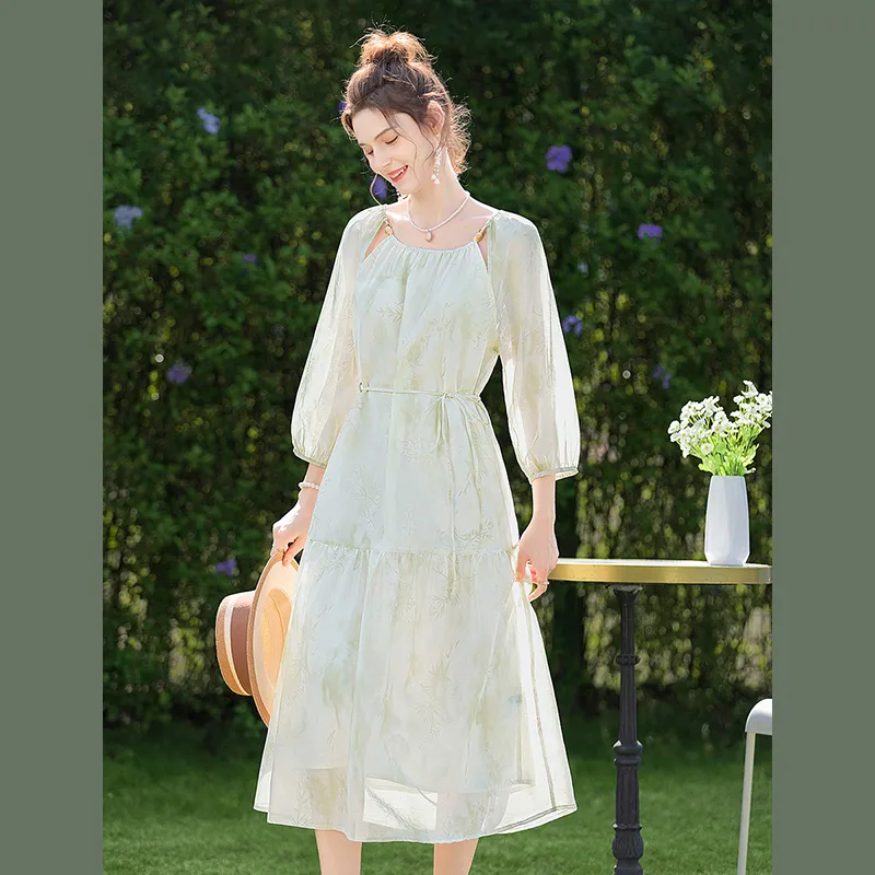 TOUCH Long Sleeved Dress Women's Beige Green-5
